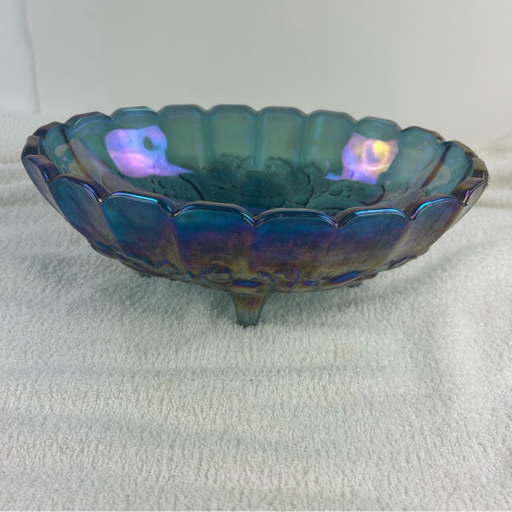 VTG Indiana Blue Iridescent Carnival Glass Grape Centerpiece Console Fruit Bowl - Picture 4 of 11
